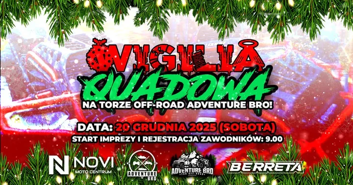 Grafika promocyjna wydarzenia Wigilia Quadowa na Torze Off‑Road Adventure Bro — rajd z pieczątkami, 20 grudnia 2025