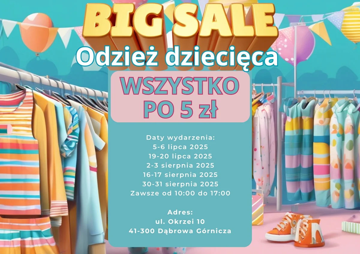 Grafika promocyjna wydarzenia Wyprzedaż odzieży dziecięcej w Dąbrowie Górniczej – wszystko po 5 zł