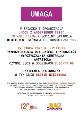 Biblioteka zmienia godziny przez Noc z Andersenem 2026 w Dąbrowie