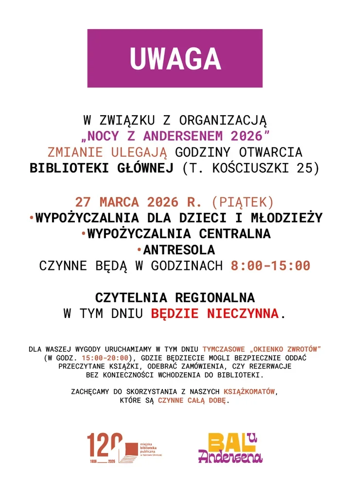 Biblioteka zmienia godziny przez Noc z Andersenem 2026 w Dąbrowie